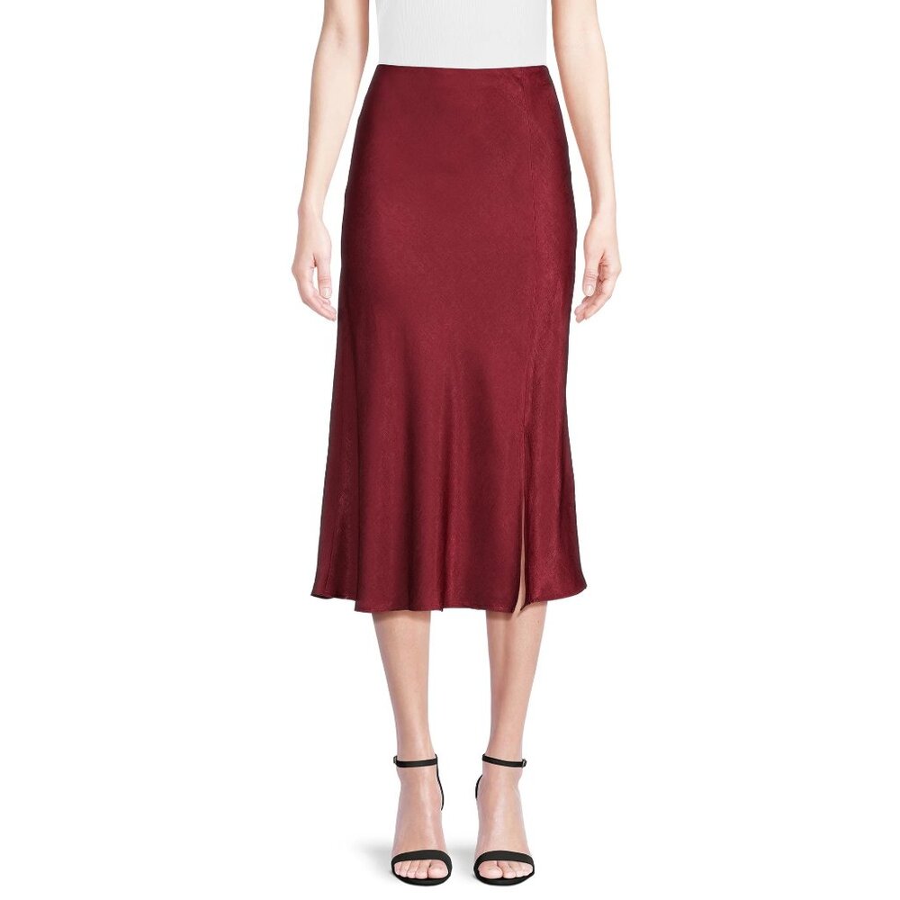 Time and True Women's Satin Midi Slip Skirt with Side Slit Rich Red Size XXXL